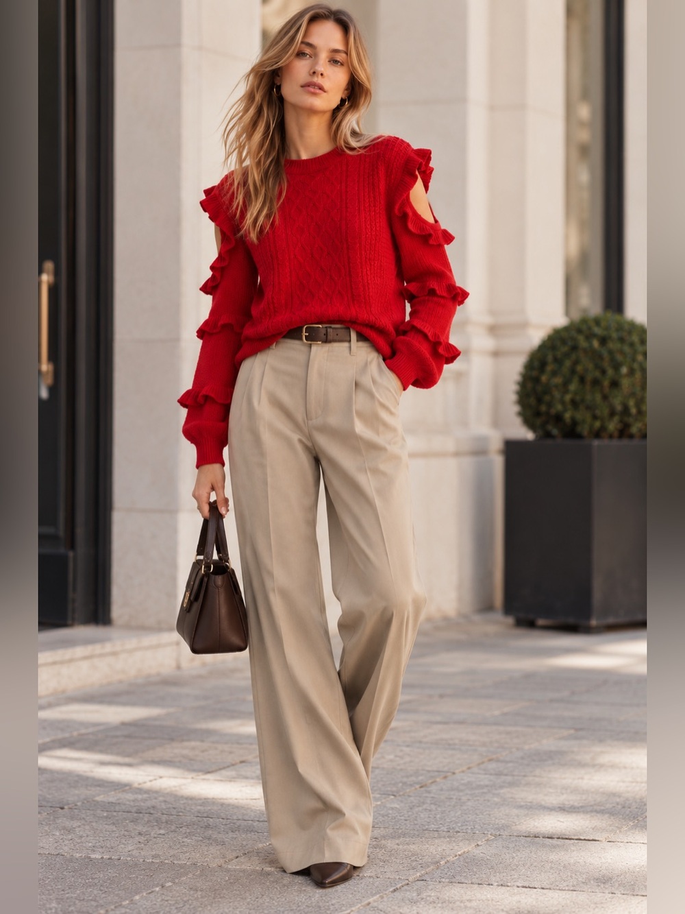 Express Red Ruffled Cold-Shoulder Cable Knit Sweater Size XS - Picture 2 of 4